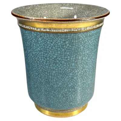 Pre-owned Royal Copenhagen Turquoise Crackle Glaze Tumbler Pot With Gilded Decor #3491 In Transparent