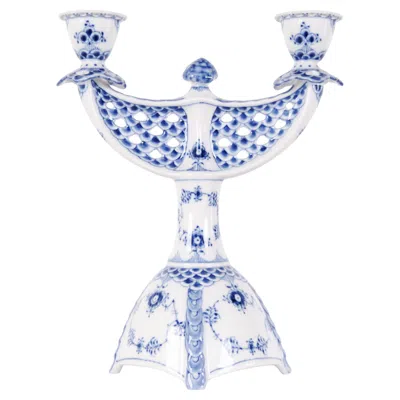 Pre-owned Royal Copenhagen Two-arm Candlestick, Blue Fluted Full Lace, Model 1169 By