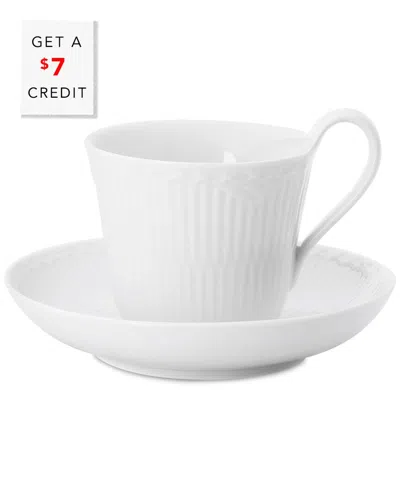 ROYAL COPENHAGEN ROYAL COPENHAGEN WHITE FLUTED HALF LACE HIGH HANDLE CUP & SAUCER WITH $7 CREDIT