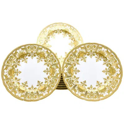 Pre-owned Royal Crown Derby Porcelain 12 Royal Crown Derby Neoclassical Dinner Plates With Profuse Raised Paste Gold
