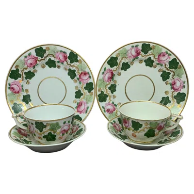 Pre-owned Royal Crown Derby Porcelain Pair Gilt Green Pink Ivy And Rose Plates Cups And Saucers In Red