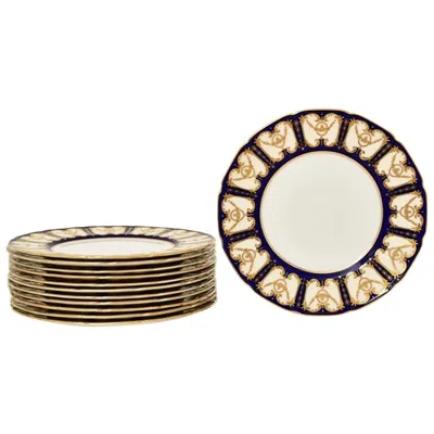 Pre-owned Royal Doulton 12 Antique English Cobalt Blue & Raised Gold Dinner Plates Circa 1915