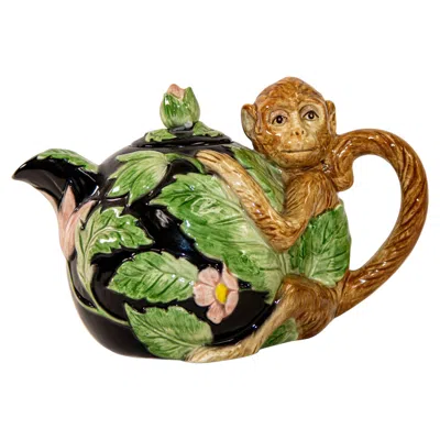 Pre-owned Royal Doulton 1980s Vintage Fitz And Floyd Rain Forest Majolica Monkey Ceramic Teapot In Brown