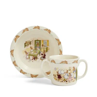 Royal Doulton Bunnykins Nurseryware Baby Bowl And Handle Mug In Green;beige;orange