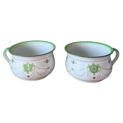 Pre-owned Royal Doulton Pair Of Neoclassical Ceramic Cache-pots With Green And Gilt Decoration