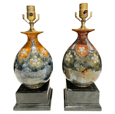 Pre-owned Royal Doulton Pair Of  Blue Glazed Vases As Lamps