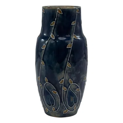 Pre-owned Royal Doulton Royal Daulton Signed Mb For Mary Butter. Arts & Crafts Flowing Floral Blue Vase.
