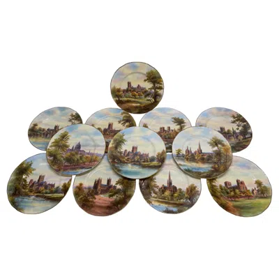 Pre-owned Royal Worcester 12  Hand-painted Porcelain "cathedral" Cabinet Plates Circa 1941 In Gray