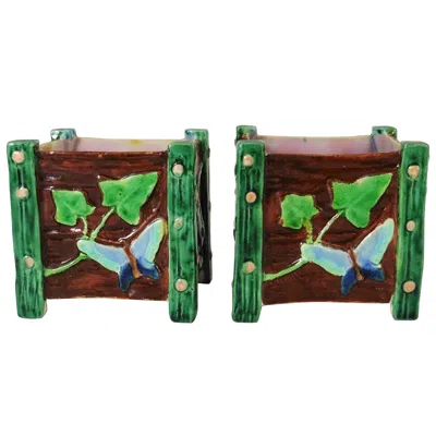 Pre-owned Royal Worcester 19th Century Majolica Pair Of Jardinieres Butterflies & Snails  In Black