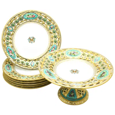 Pre-owned Royal Worcester 19th Century Worcester Hand-painted Turquoise Partial Dessert Set In Sand