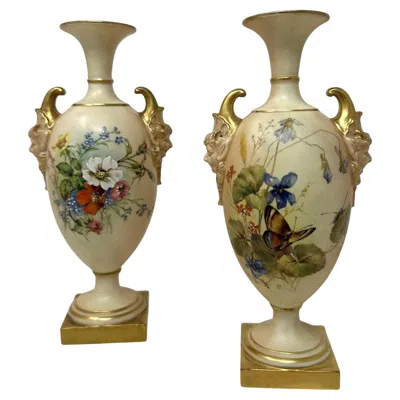 Pre-owned Royal Worcester Antique English Pair  Blush Urns Vases Centerpieces Still Life In Brown