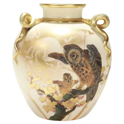 Pre-owned Royal Worcester Antique  Aesthetic Period Gilt Porcelain Snake Handled Owl Vase In Sand