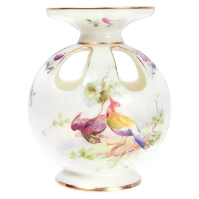 Pre-owned Royal Worcester Antique  Gilt Blush Ivory Porcelain Pomander Vase With Pheasants In White