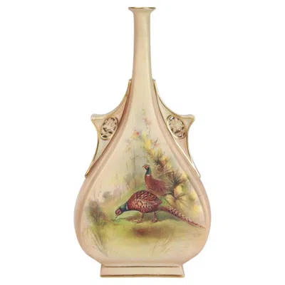 Pre-owned Royal Worcester Antique  Gilt Blush Porcelain Vase With Hand Painted Pheasants In Sand