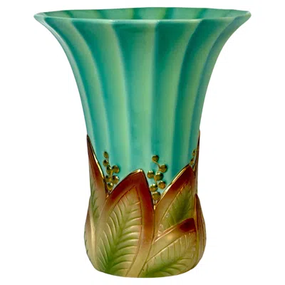 Pre-owned Royal Worcester Art Deco Turquoise And Gilt Anthemion Leaf Vase, 1932 In Green