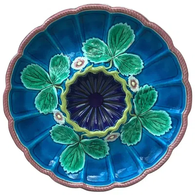 Pre-owned Royal Worcester English Majolica Strawberry Plate Worcester, Circa 1875 In Blue