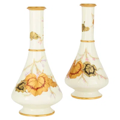 Pre-owned Royal Worcester Pair Antique English Victorian  Vases Floral Gilt Porcelain In White
