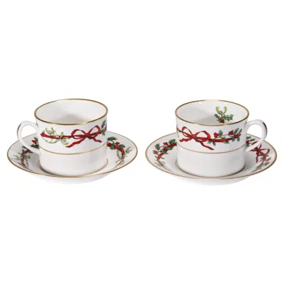 Pre-owned Royal Worcester Pair Of Holly Ribbons Cup & Saucer Sets, England 1980s In Gray