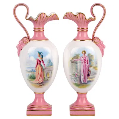 Pre-owned Royal Worcester Pair Porcelain Ewer Shape Vases With Painted Ladies In Beige