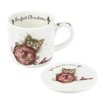 Royal Worcester Rw-wrendale Designs Mug & Coaster St Purrfect Xmas In White