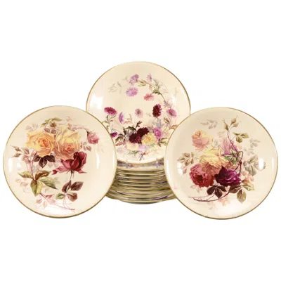 Pre-owned Royal Worcester Set Of 11  Aesthetic Movement Dessert Plates Signed E. Raby In Sand