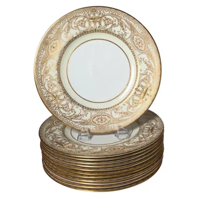 Pre-owned Royal Worcester Set Of 12 English Raised Gilt Porcelain Dinner Service Plates In Sand