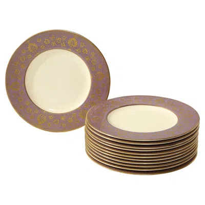 Pre-owned Royal Worcester Set Of 12 Gilded Age Smoked Lilac Border & Gilt Plates By  In Brown