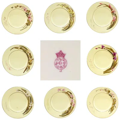 Pre-owned Royal Worcester Set Of 8 Antique Worcester Porcelain Cabinet Plates With Enamel Flowers In Sand