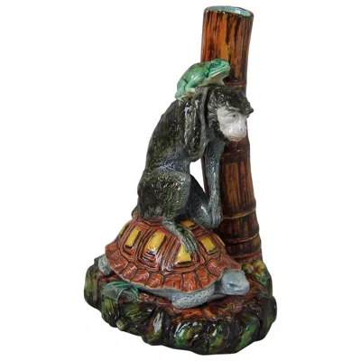 Pre-owned Royal Worcester Worcester Majolica Frog, Monkey And Tortoise Vase In Black