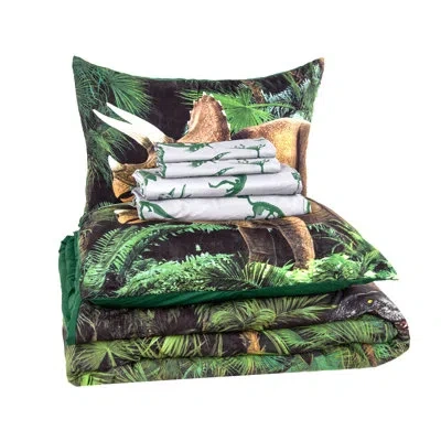 Royale Linens Dinosaur Forest Microfiber Reversible 4 Piece Comforter Set In Green