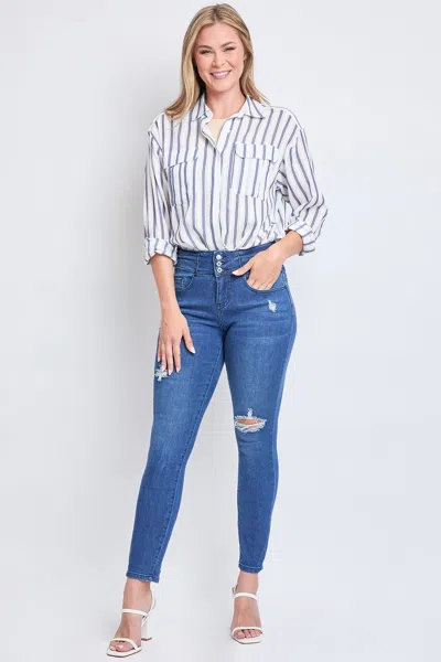 Royalty Women's High Rise 3 Button Stacked Waistband Skinny Sustainable Jean In Blue