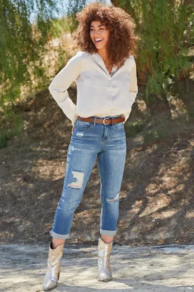 Royalty Women's Petite High Rise Vintage Slim Straight Cuff Jean In Blue