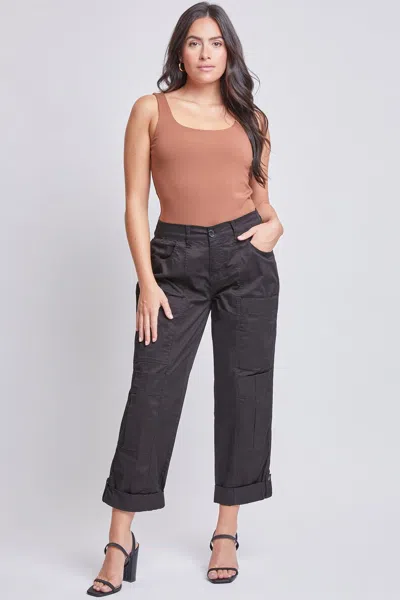 Royalty Women's Wide Cargo Pants With Roll Tab Hem In Black