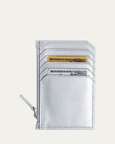 Royce New York Monogrammed Zippered Leather Credit Card Case In Silver