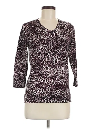 Pre-owned Roz & Ali 3/4 Sleeve Top Purple Animal Print Pattern V-neck Tops