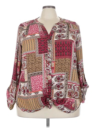Pre-owned Roz & Ali Long Sleeve Blouse In Burgundy