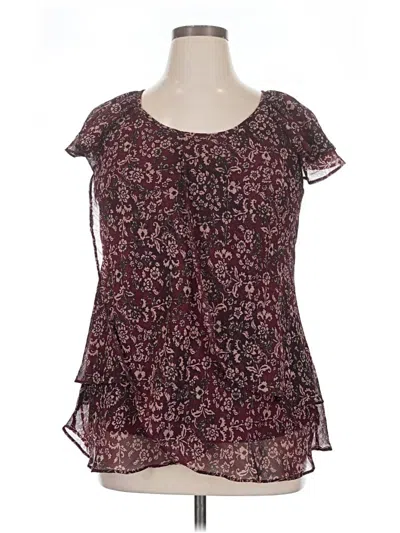 Pre-owned Roz & Ali Short Sleeve Blouse In Burgundy