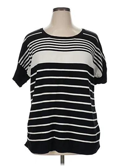 Pre-owned Roz & Ali Short Sleeve Top Black Stripes Pattern Boatneck Tops