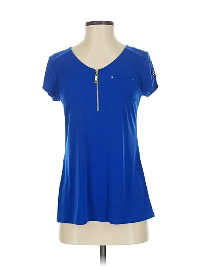 Pre-owned Roz & Ali Short Sleeve Top Blue Keyhole Neckline Tops