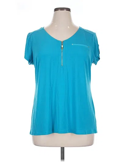 Pre-owned Roz & Ali Short Sleeve Top Teal Keyhole Neckline Tops