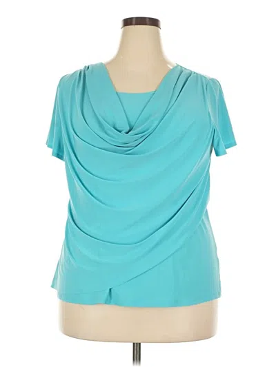 Pre-owned Roz & Ali Short Sleeve Top Teal Solid Pattern Cowl Neck Tops