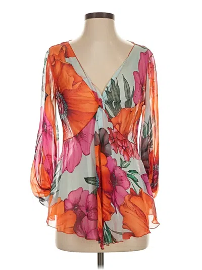 Pre-owned Rozae Nichols 3/4 Sleeve Silk Top Orange Plunge Neckline Tops