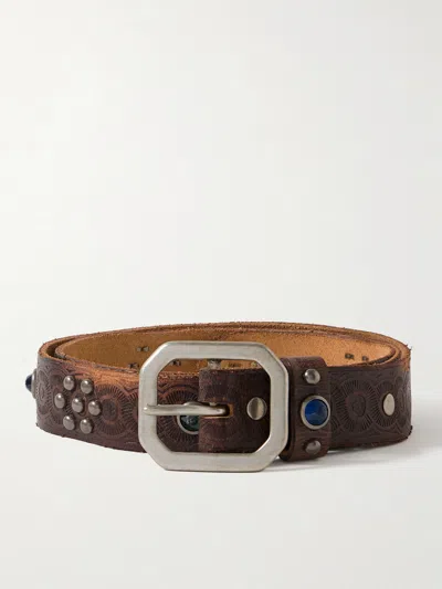 Rrl 3cm Distressed Embellished Leather Belt In Brown