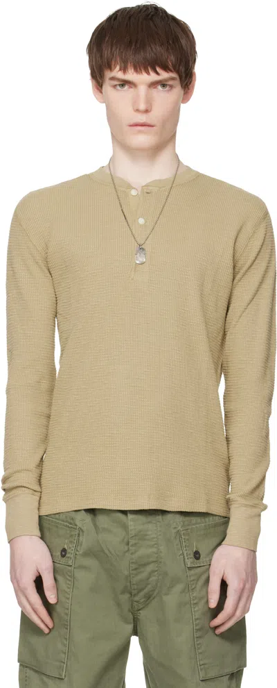 Rrl Beige Garment-dyed Waffle-knit Henley In Brown