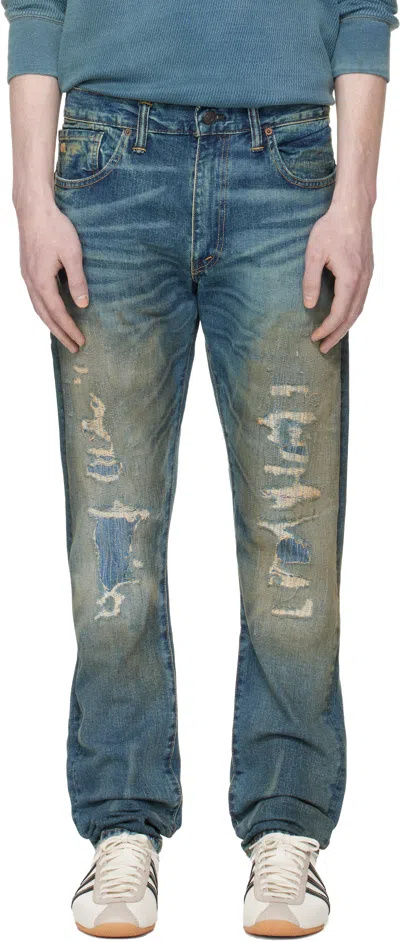 Rrl Blue High Slim Brannon Distressed Jeans