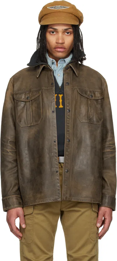 Rrl Brown Hand-distressed Leather Overshirt In Black Over Brown