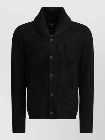 Rrl Cashmere Cardigan Shawl Collar Ribbed Texture Pockets In Black