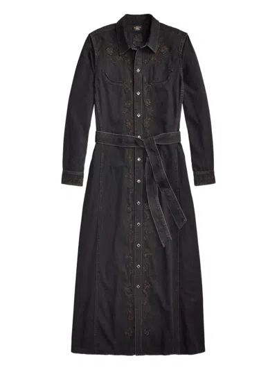 Rrl Embroidered Belted Midi Dress In Black
