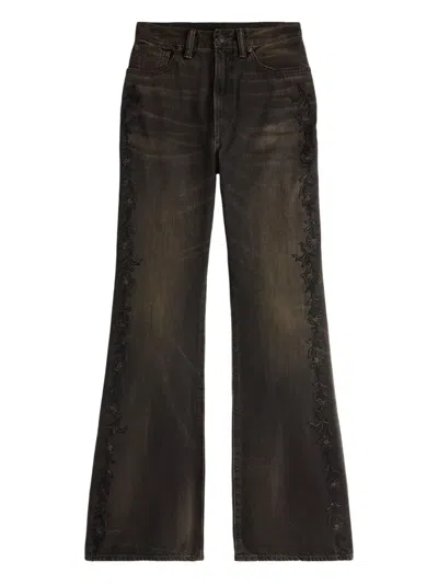 Rrl Floral-embroidery Flared Jeans In Brown