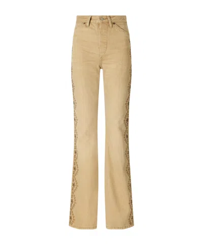 Rrl Floral-embroidered Cotton Flared Pants In Nude